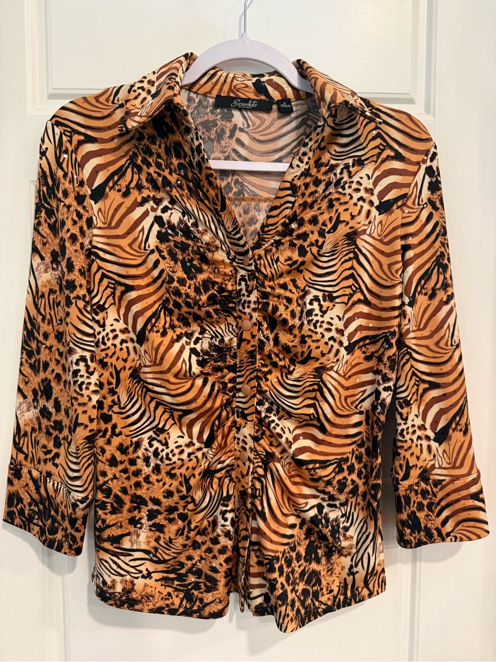 Essentials by Milano Animal Print Rhinestone Ruched Blouse Women’s Small